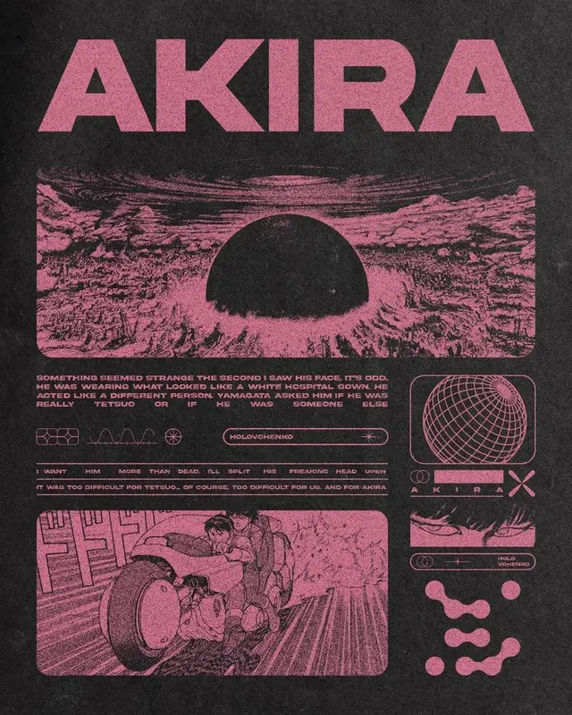 AKIRA — magenta silkscreen poster with dome and motorcycle panels