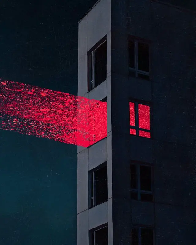 Apartment Window Emitting Neon-Red Particle Beam at Night