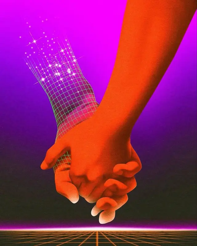 Vaporwave Poster — Clasped Hands Turning into Wireframe Stardust