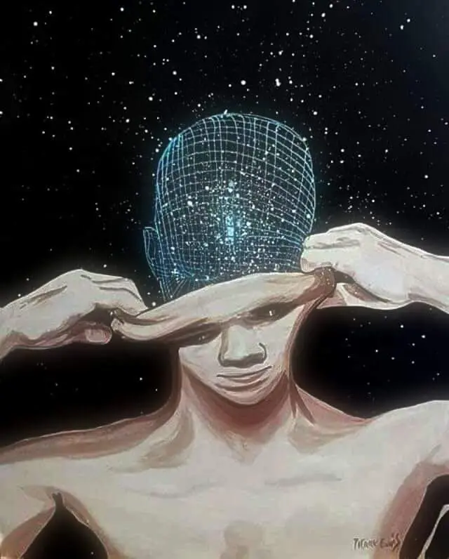Figure Peeling Back Face to Reveal Glowing Wireframe Head Against Starfield