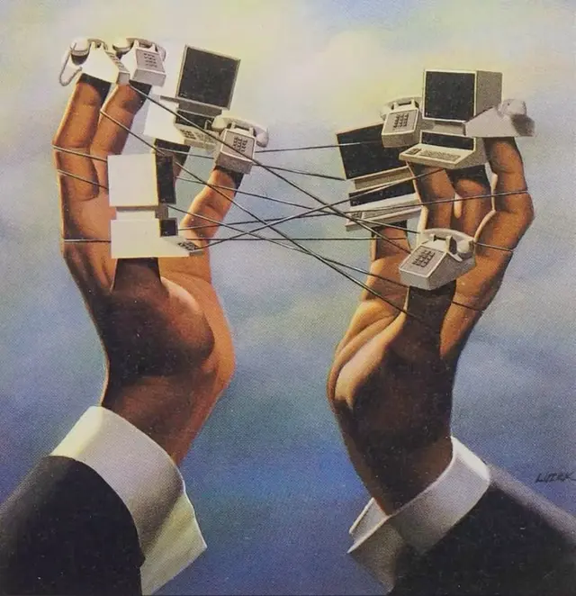 Surreal 1980s illustration — suited hands controlling telephones and computer monitors
