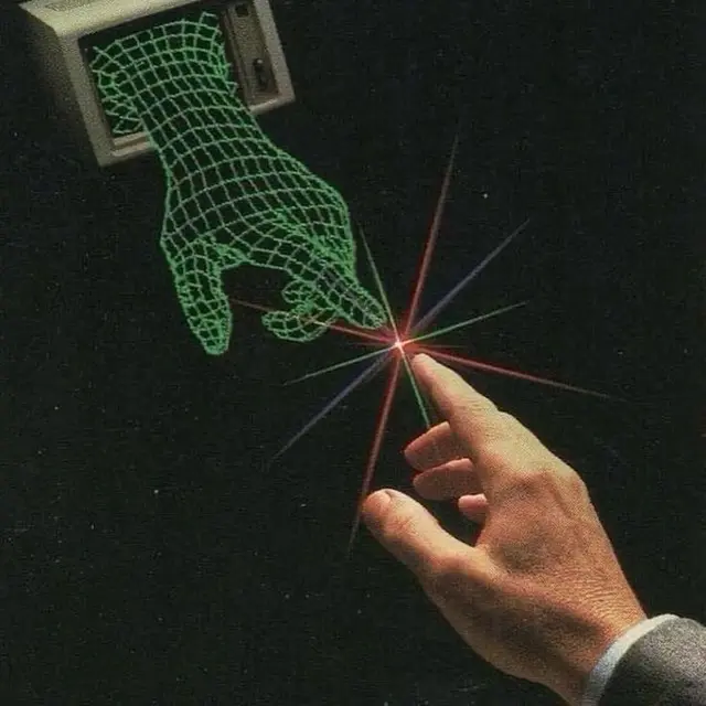 Retro CRT: Green Wireframe Hand Reaching Out to Human Hand