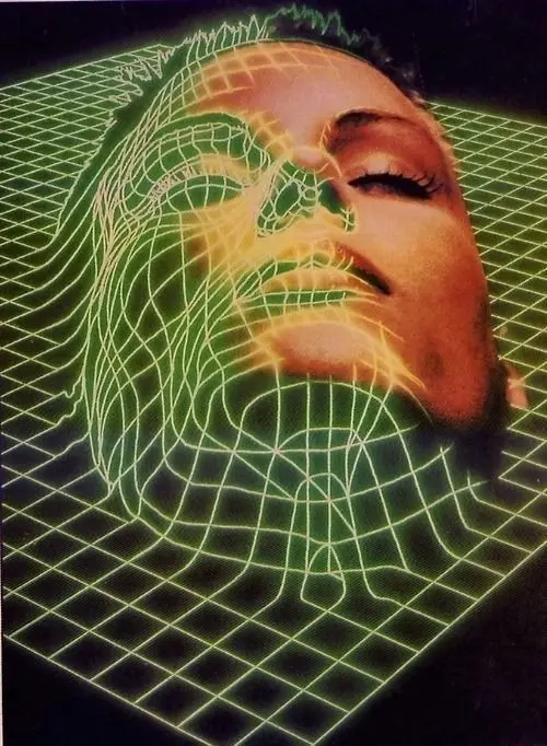 Photoreal Portrait Mapped onto Neon Wireframe Grid — Retro‑Futurist 3D Scan