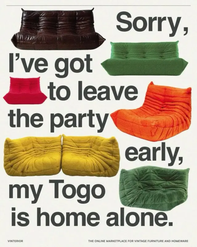 VINTERIOR ad collage featuring Togo sofas in multiple colors