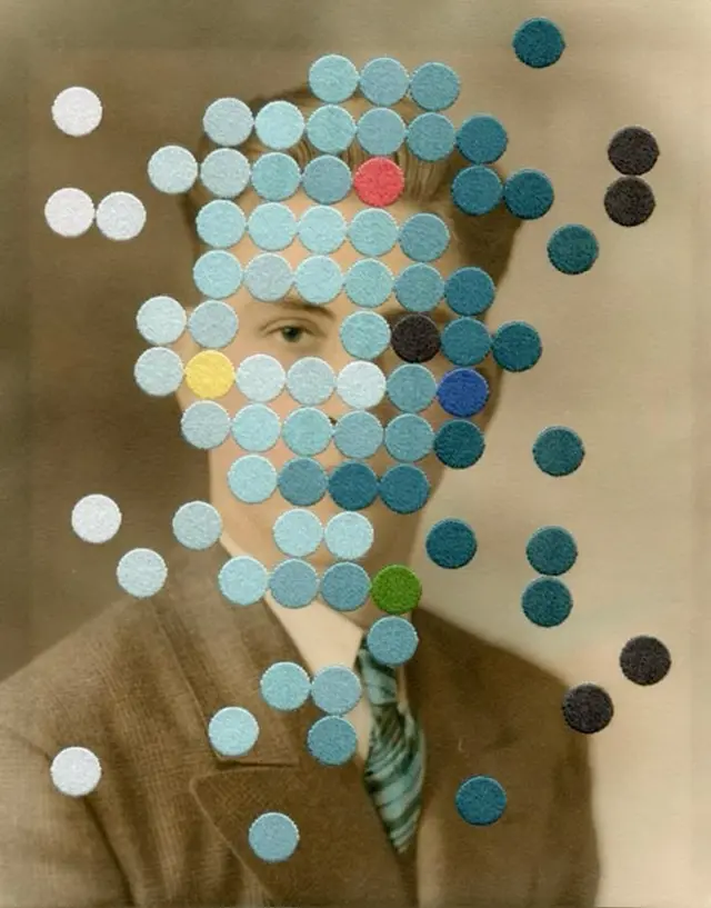Sepia studio portrait overlaid with blue felt circle grid