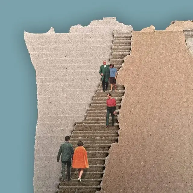 Cardboard collage — diagonal corrugated staircase with cutout figures