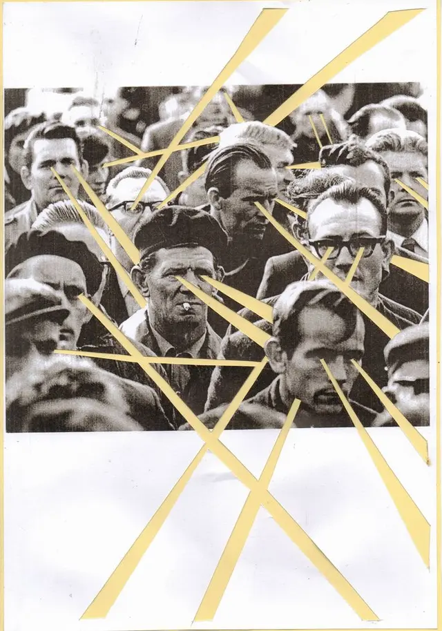 Vintage crowd photomontage with yellow diagonal beams