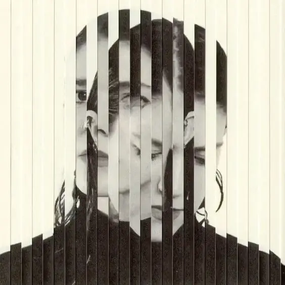 Vertical-slit fragmented monochrome portrait