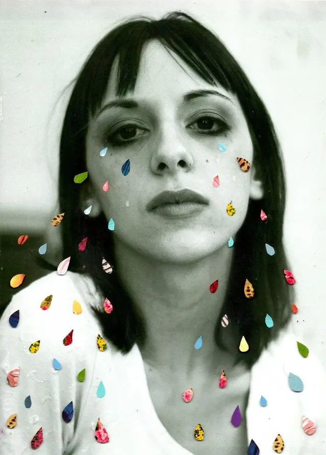 Monochrome Portrait Collage with Hand-Cut Colorful Teardrops