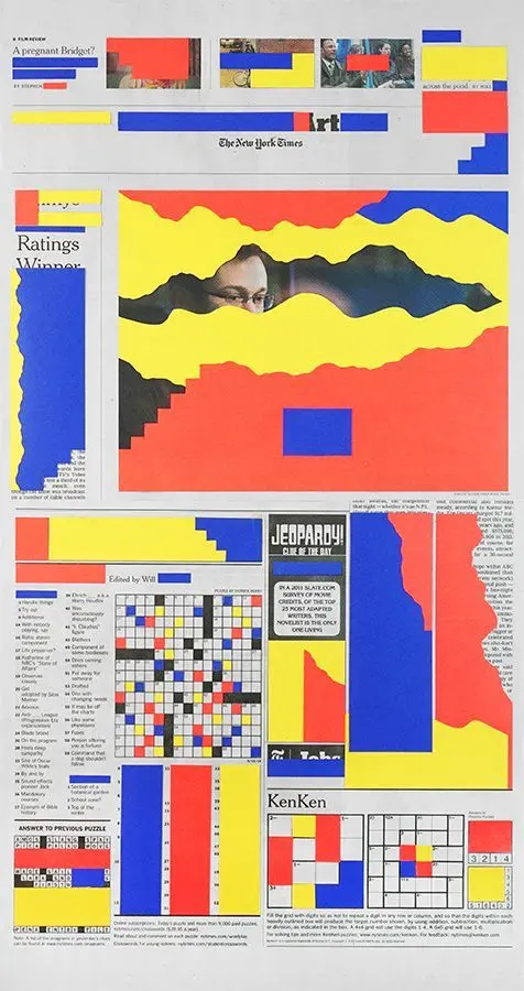 Newspaper Puzzle Collage with Primary-Color Cutouts (The New York Times — KenKen, Jeopardy