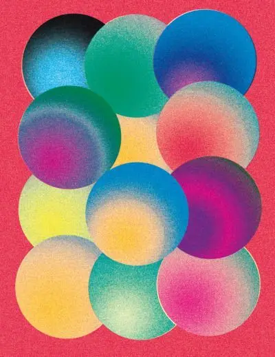 Twelve Overlapping Gradient Halftone Circles on Red Textured Background