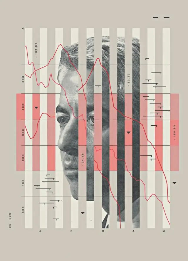 Financiers Fight Over the American Dream — editorial illustration: portrait and falling股市