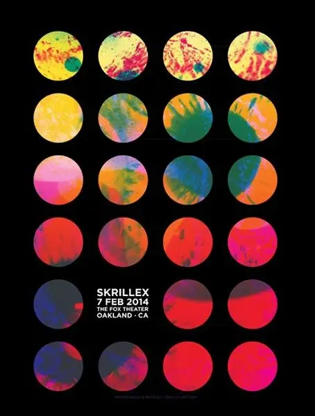 Skrillex concert poster — 5x5 psychedelic circle grid (7 Feb 2014, Fox Theater Oakland)