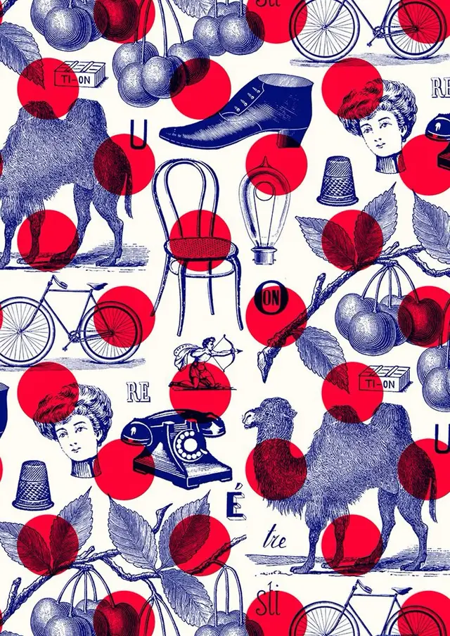 Vintage blue engraving collage with red polka-dot overlay
