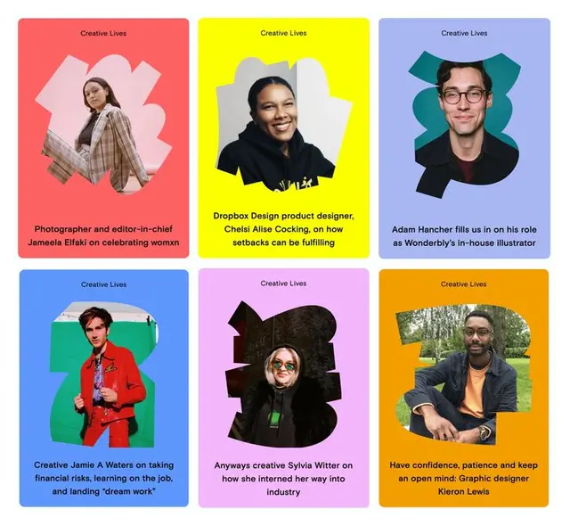 Creative Lives — six colorful profile cards with portrait cutouts