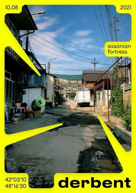 Derbent alley with neon-yellow graphic frame and "Sasanian fortress" label