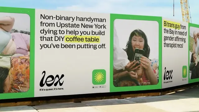 Lex app billboard: 'Non-binary handyman from Upstate New York' outdoor ad with lime-green-