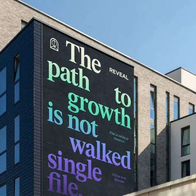Reveal branding illustration — tilted arch mirror with flowering plant