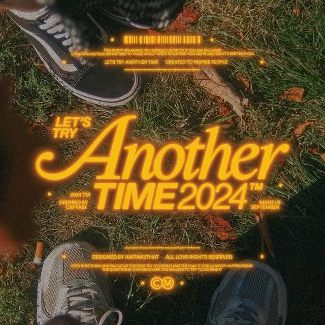 Let's Try Another Time 2024 — Neon Script Poster Over Sneakers on Grass
