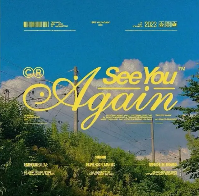 See You Again — yellow script poster over telephone poles and blue sky