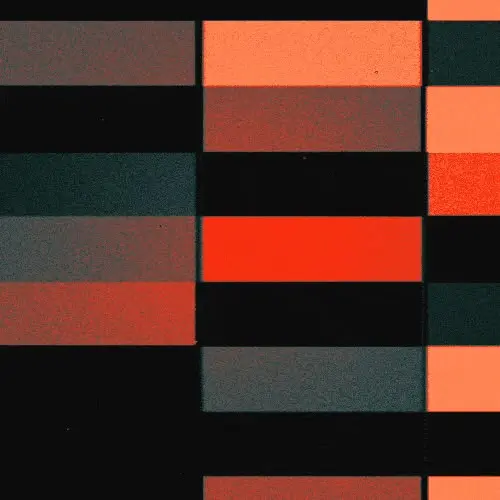 Abstract color-block grid with red and coral accents