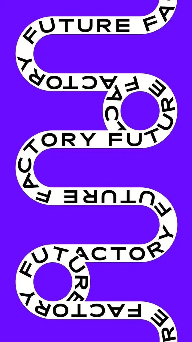 FUTURE FACTORY — typographic poster with serpentine ribbon on purple