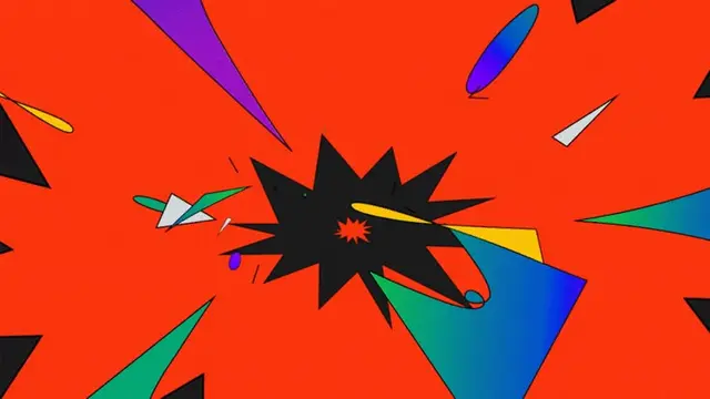 Comic-style black starburst explosion with multicolor geometric shards on red background