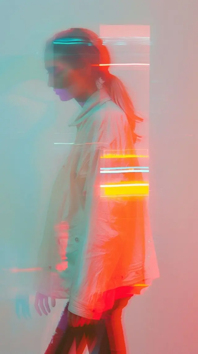 Neon Glitch Portrait of Person in Oversized Jacket (Side Profile)