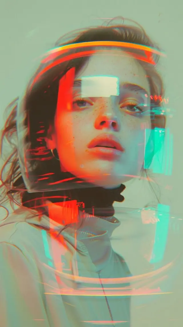 Neon-glitch portrait with transparent visor