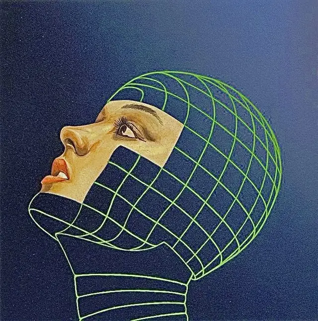 Surreal Profile Portrait Wearing Neon Green Grid Helmet