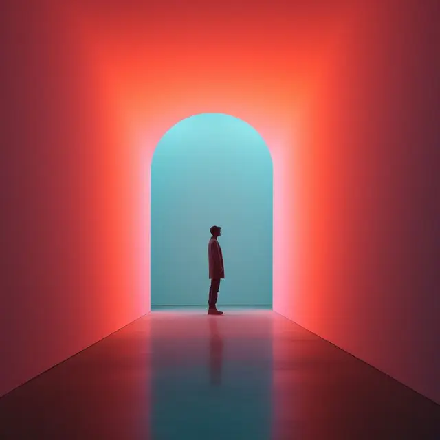 Silhouette in Arched Neon Tunnel — Red to Cyan Gradient