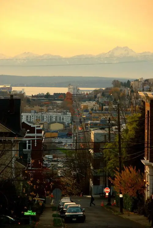 Steep residential street overlooking bay and distant snow-capped peak at golden hour