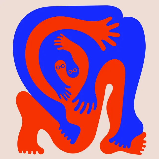 Interlocking Red and Blue Abstract Figures on Beige