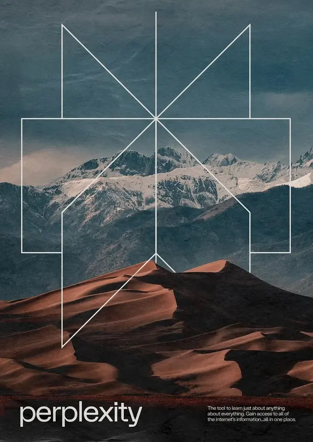 Perplexity poster — sand dunes and snow-capped mountains with geometric line overlay