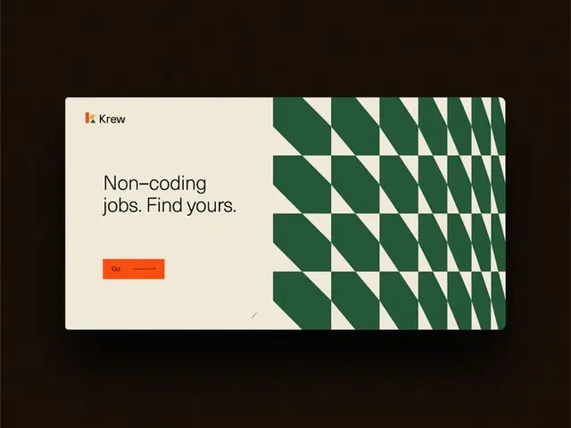Krew landing hero — “Non-coding jobs. Find yours.” with green geometric pattern