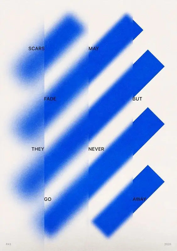 Minimalist poster with diagonal cobalt-blue spray stripes and fragmented text