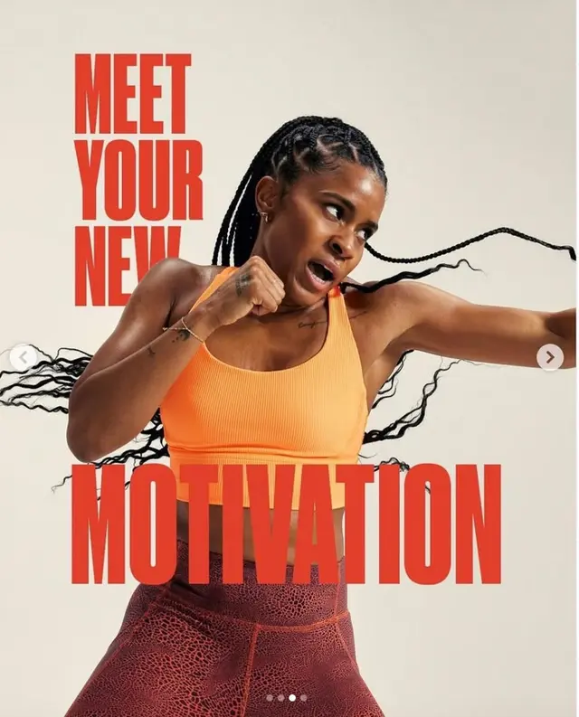Fitness poster — woman punching in orange sports bra with bold red typography