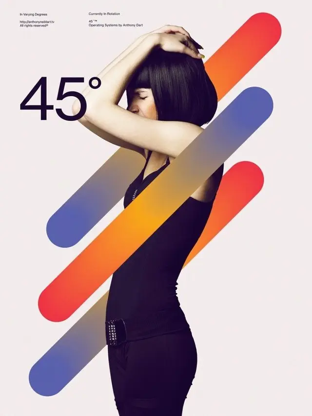 Poster — Profile portrait over diagonal gradient bars with large “45°”