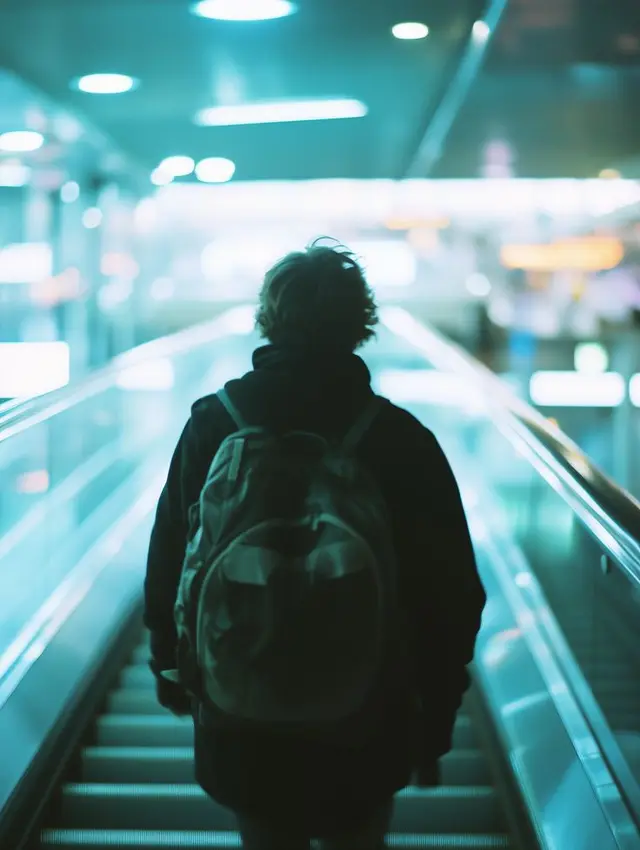 Silhouette with Backpack on Moving Walkway — Teal Terminal Photo