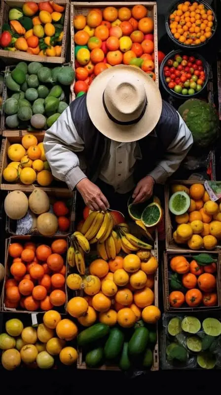 Overhead Market Vendor Arranging Citrus and Bananas