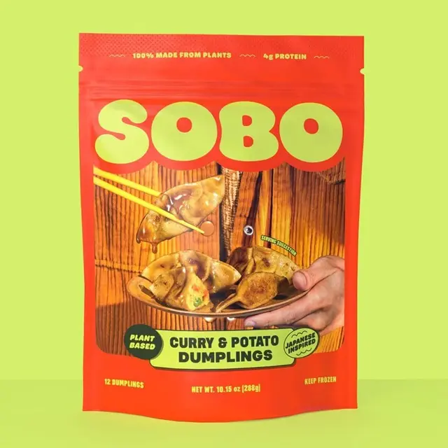 SOBO plant-based dumplings — bold retro pouch packaging