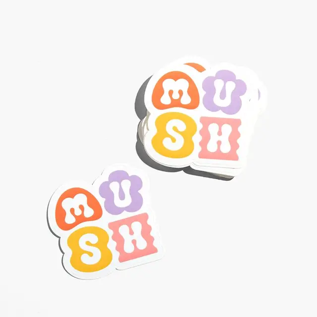 VistaPrint Custom Die-Cut Sticker Singles — colorful retro "MUSH" letter set