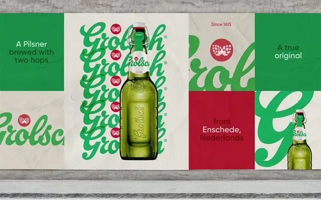 Grolsch rebrand — green swing‑top bottle with simplified white label