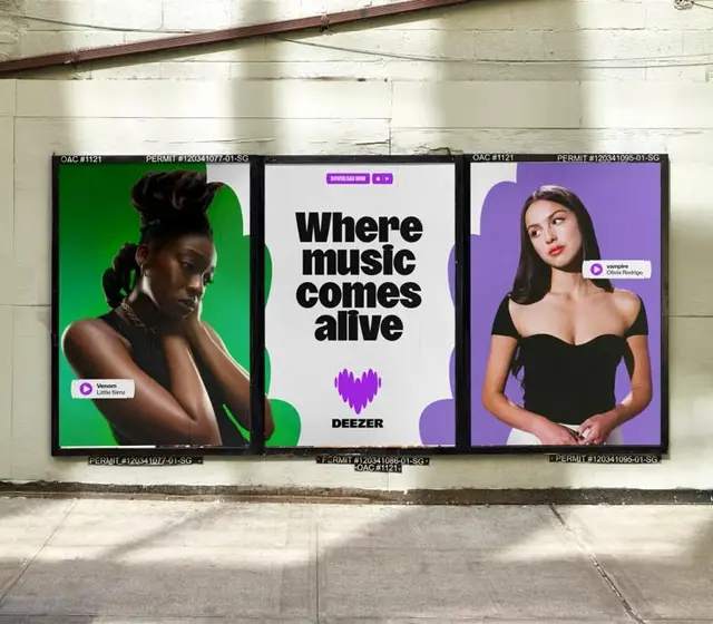 Deezer brand poster triptych — "Where music comes alive"