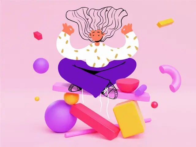 Design Collaboration Illustration — Meditating Character Hovering on 3D Shapes