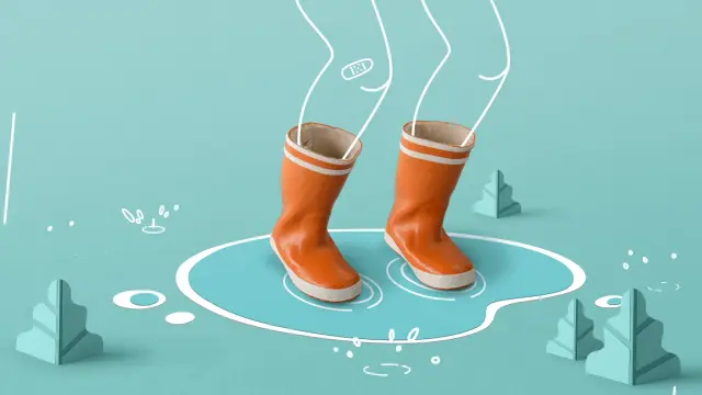Soldo Family — mixed-media stop-motion: orange rain boots on turquoise set