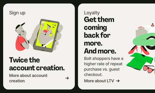 Bolt marketing cards — 'Sign up' and 'Loyalty' (Typewolf Site of the Day)