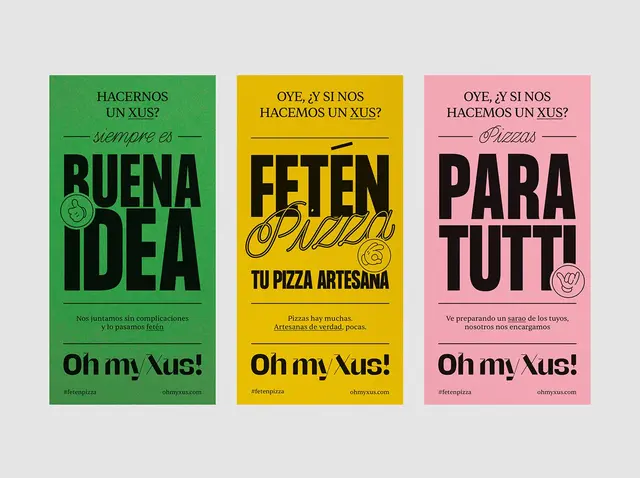Oh my Xus! tri‑poster branding — bold typographic posters for a Catalan pizzeria (Tisquism