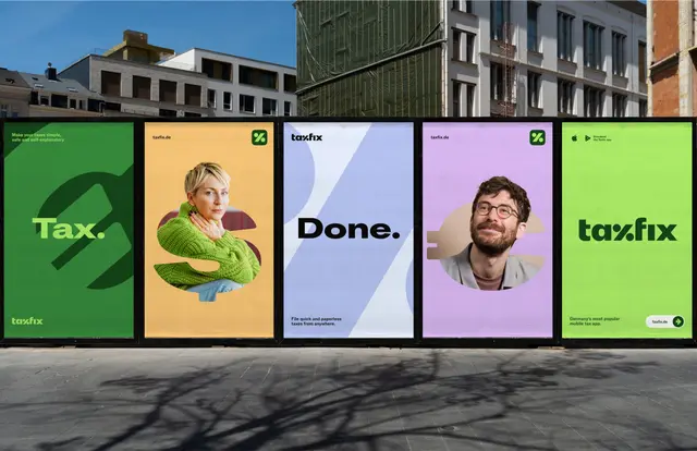 Taxfix rebrand (Kallan & Co) — outdoor poster campaign with bold color blocks and portrait