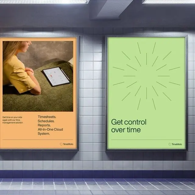 TimeMoto dual backlit posters — mint green and peach ads for time management